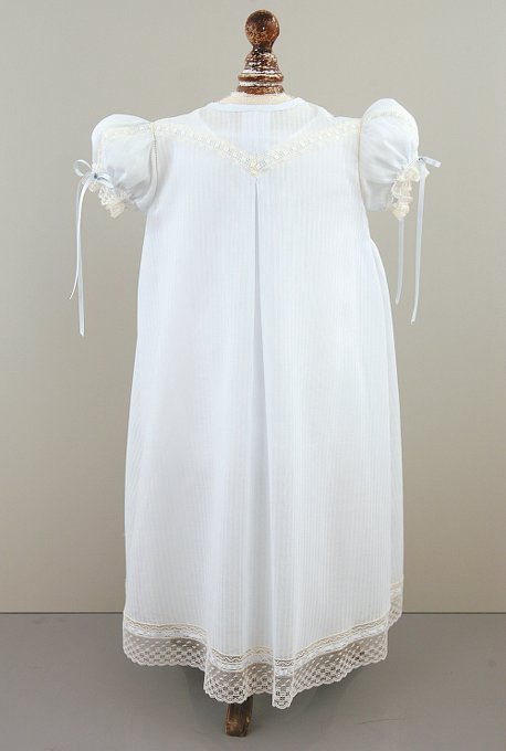 Light blue Christening gown with six-buttons down the front, lace inserts,  and puff sleeves.